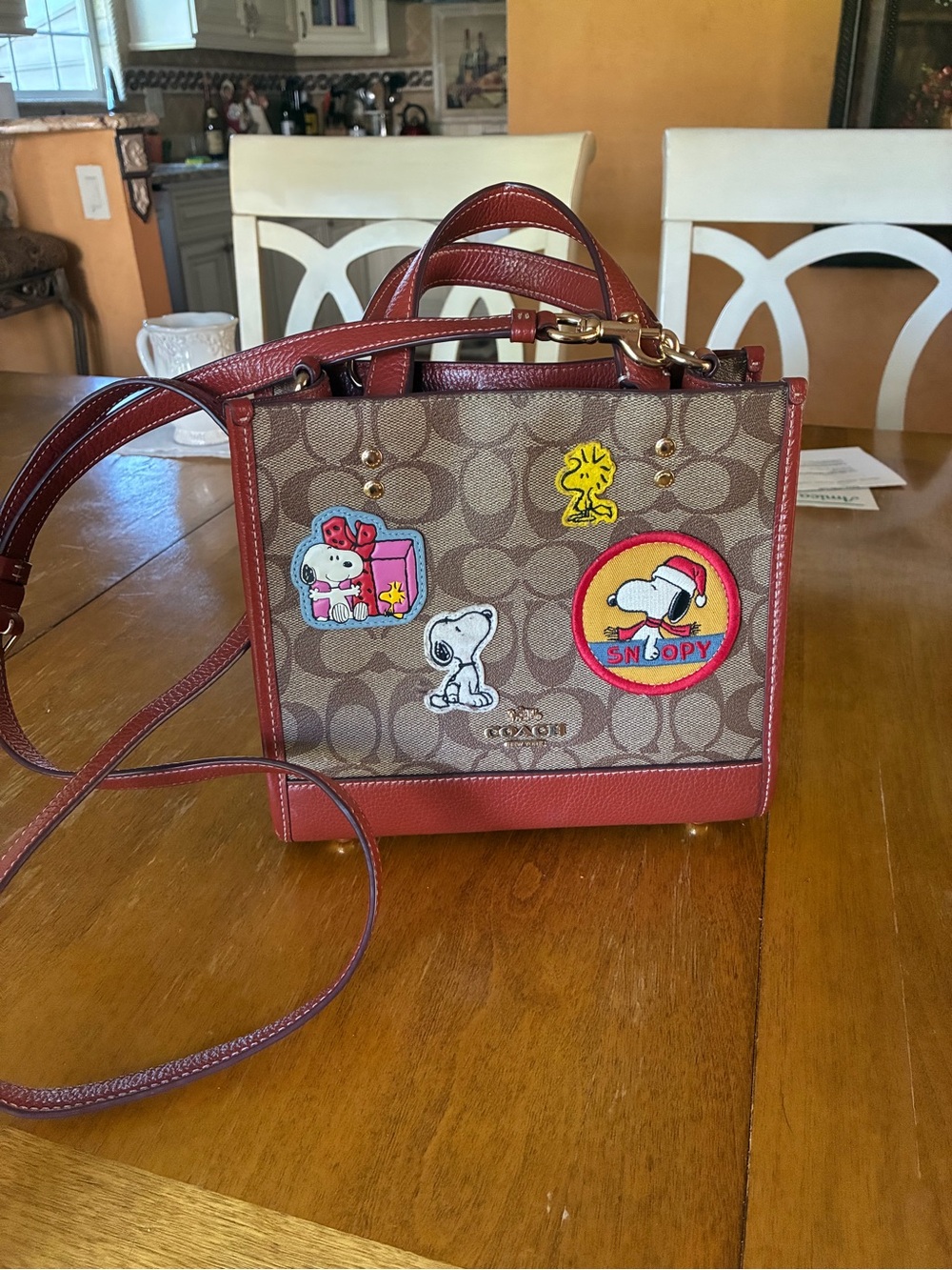 Coach Brown Signature Canvas Satchel with Red Leather Trim & Snoopy Patches - Picture 2 of 3